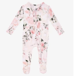 Posh Peanut Fall Infant Clothing Posh Peanut Vintage Pink Rose Footie Ruffled Zippered One Piece