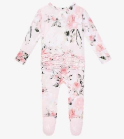 Posh Peanut Fall Infant Clothing Posh Peanut Vintage Pink Rose Footie Ruffled Zippered One Piece