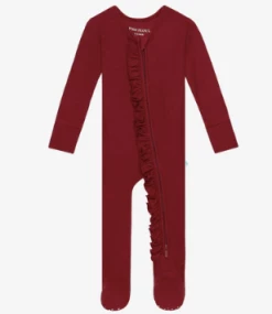 Posh Peanut Fall Posh Peanut Maroon Waffle Footie Ruffled Zippered One Piece
