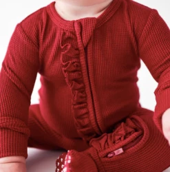 Posh Peanut Fall Posh Peanut Maroon Waffle Footie Ruffled Zippered One Piece
