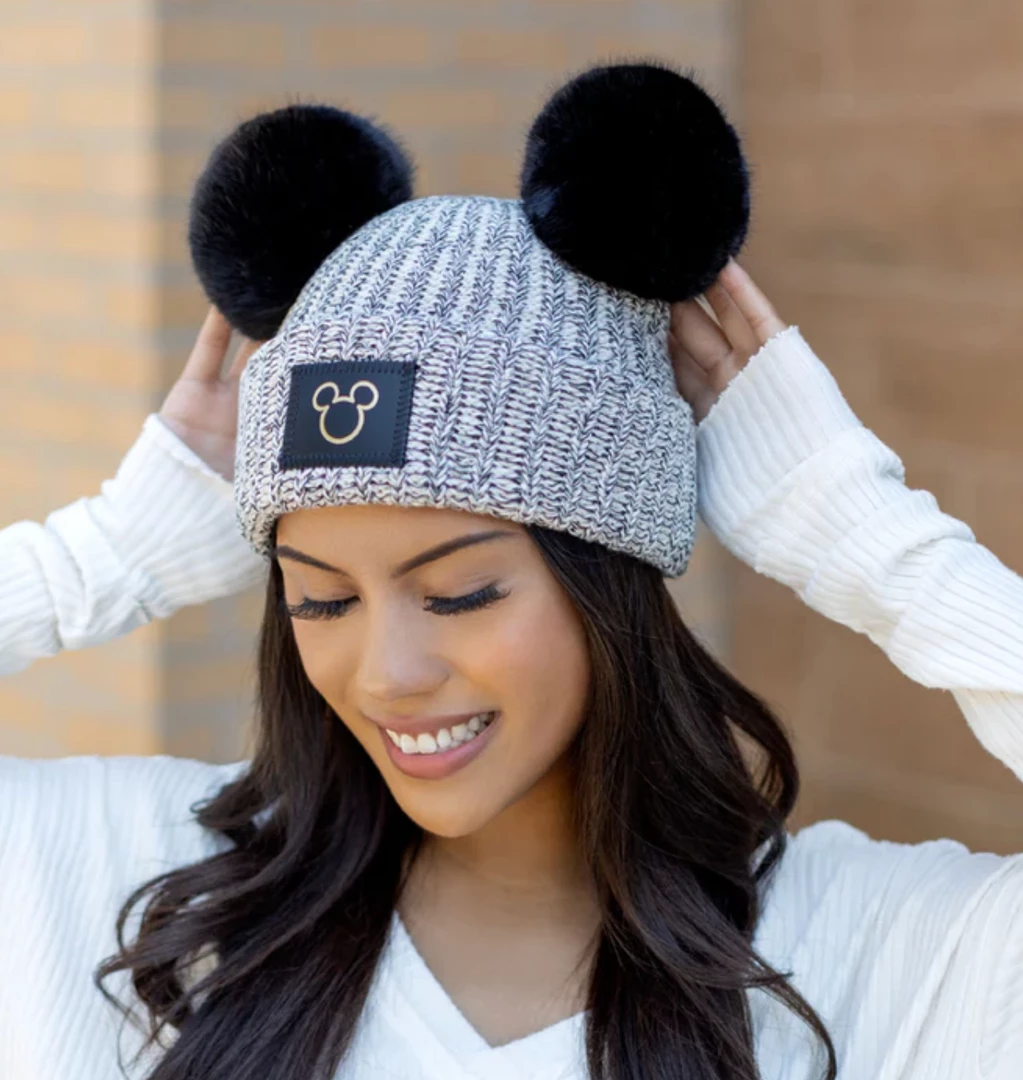 Hot Sale ๐งจ NightScope Mickey Mouse Outline Black Speckled Double Pom Beanie ๐ 2 NightScope Mickey Mouse Outline Black Speckled Double Pom Beanie