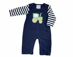 Three Sisters Fall New Arrivals Green Tractor Applique Boys Romper