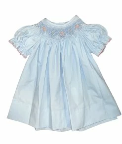 Petit Bebe/Petit Ami/Claire & Charlie Spring/Summer 2023 Lily Bishop Blue Poplin W/Pink Smocking