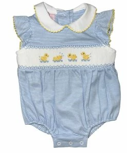 Petit Bebe/Petit Ami/Claire & Charlie Girls Blue Stripe Smock Duck Bubble Spring/Summer 2023