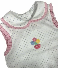 Petit Bebe/Petit Ami/Claire & Charlie Girls Blue Dot Floral Bubble W/Pink Trim