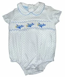 Petit Bebe/Petit Ami/Claire & Charlie Blue Dot Smocked Airplane Bubble