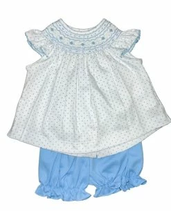 Petit Bebe/Petit Ami/Claire & Charlie Andrea Blue Dot Smocked Bloomer Set