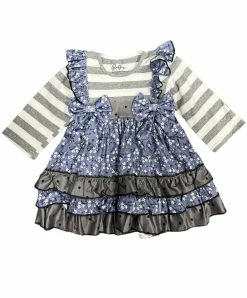 Lil Cactus Fall New Arrivals Blue/Grey Floral Dress With Bows
