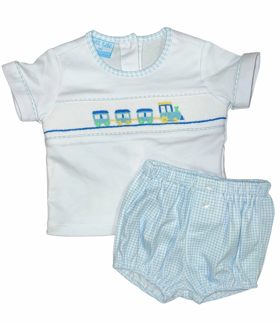 Cheap ๐คฉ Petit Bebe/Petit Ami/Claire & Charlie Train Smocked Boys Diaper Set ๐ฏ 1 Petit Bebe/Petit Ami/Claire & Charlie Train Smocked Boys Diaper Set